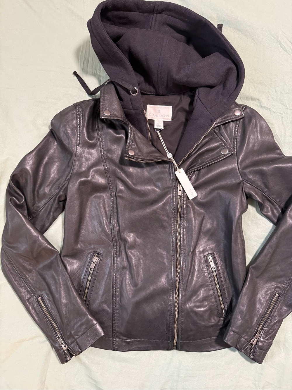 Caslon Black Leather Hooded Moto Jacket with Removable Hood, Size XS